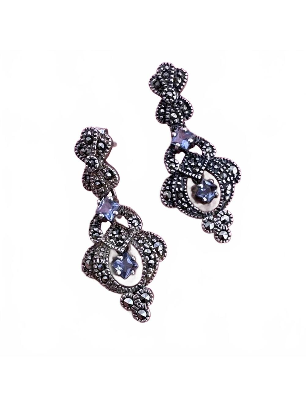 Modern Vintage Drop-dangle Earrings w/ Tanzanite & Marcasite, set in 925 Silver